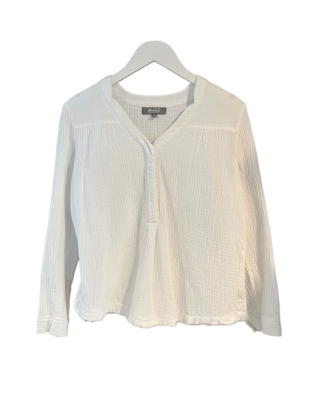 Marled white long sleeve gauze cotton blouse with pleated back and raw trim - M